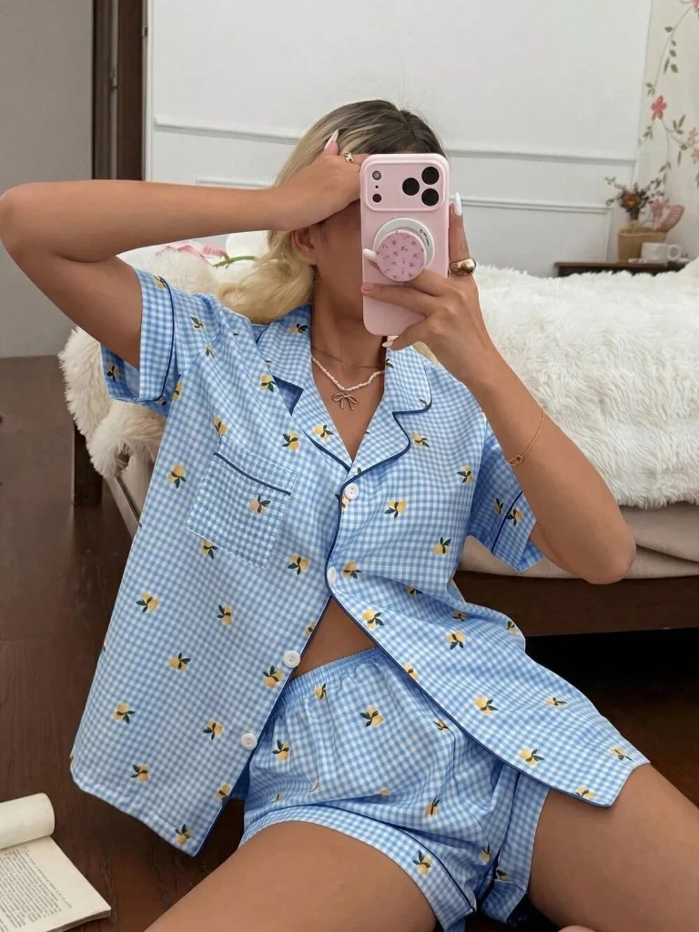 Blue Women's Lemon Plaid Print Button-Up Top and Shorts Pajama Set